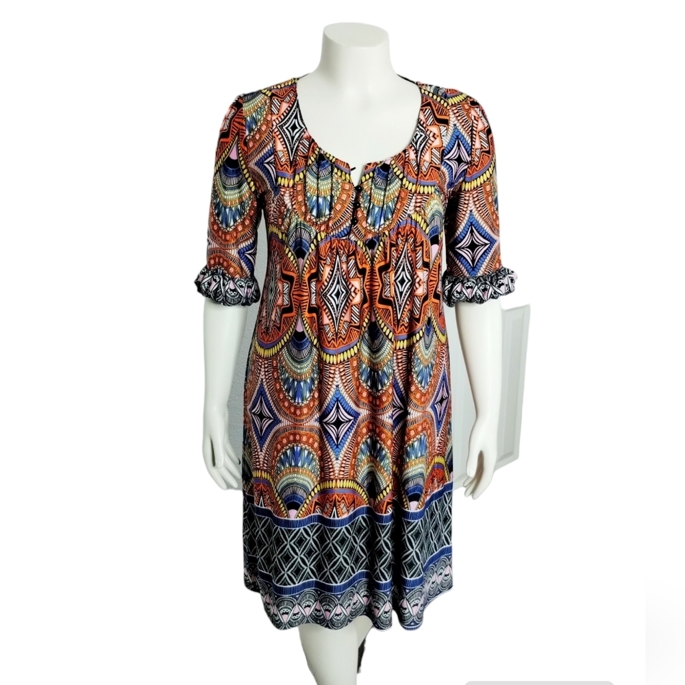 Reborn Women's Colorful Abstract Art Wear Artsy Boho Miniโ Pintuck Dress Size XL